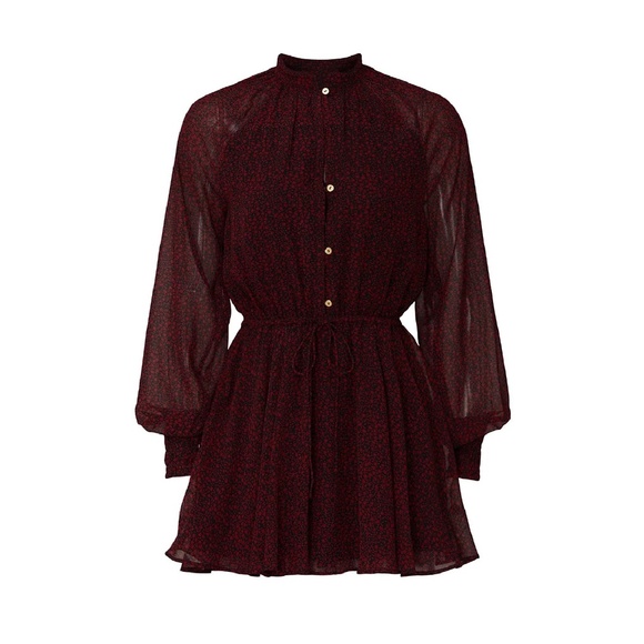CLEOBELLA Dark Red Kelly Mini Chiffon Dress Long Sleeve V-Neck - Size Small - Picture 7 of 9
